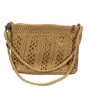 The Sak Womens Crocheted gold metallic underlay Crossbody Bag Beige beach boho